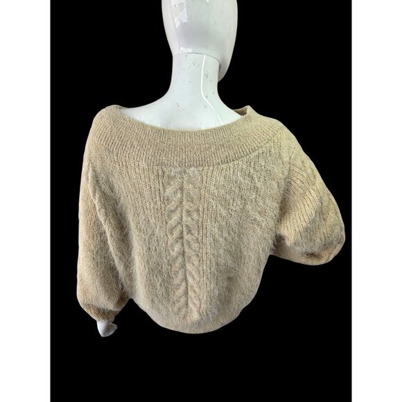 Amuse Society Beige Cable Knit Fuzzy Sweater Women Sz L Long Sleeve Boat Neck - Picture 1 of 10